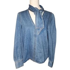 FRNCH Paris Bourgeon Top Denim Shirt Blouse Attach Tie Neck Long Sleeve Size S